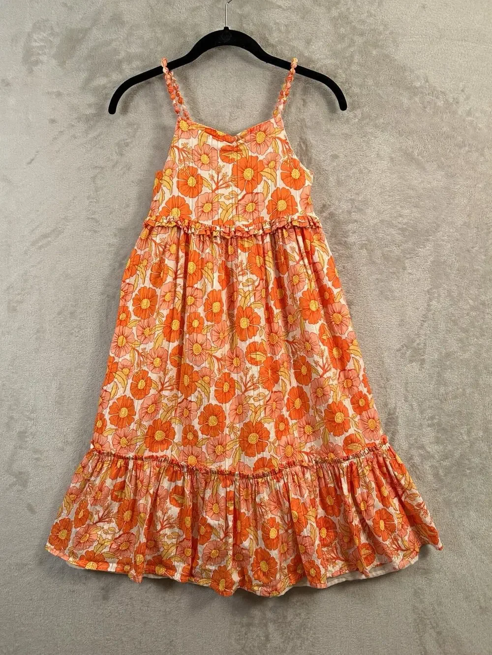 Isaac Mizrahi New York Girls Floral Orange Ruched V-Neck Sundress Ruffle Size 10